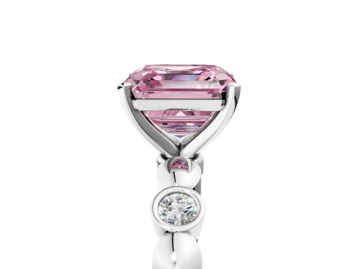 Fancy Pink Asscher Cut Solitaire Bezel-Set Diamond Ring with Beaded Band and Four-Prong Setting Platinum