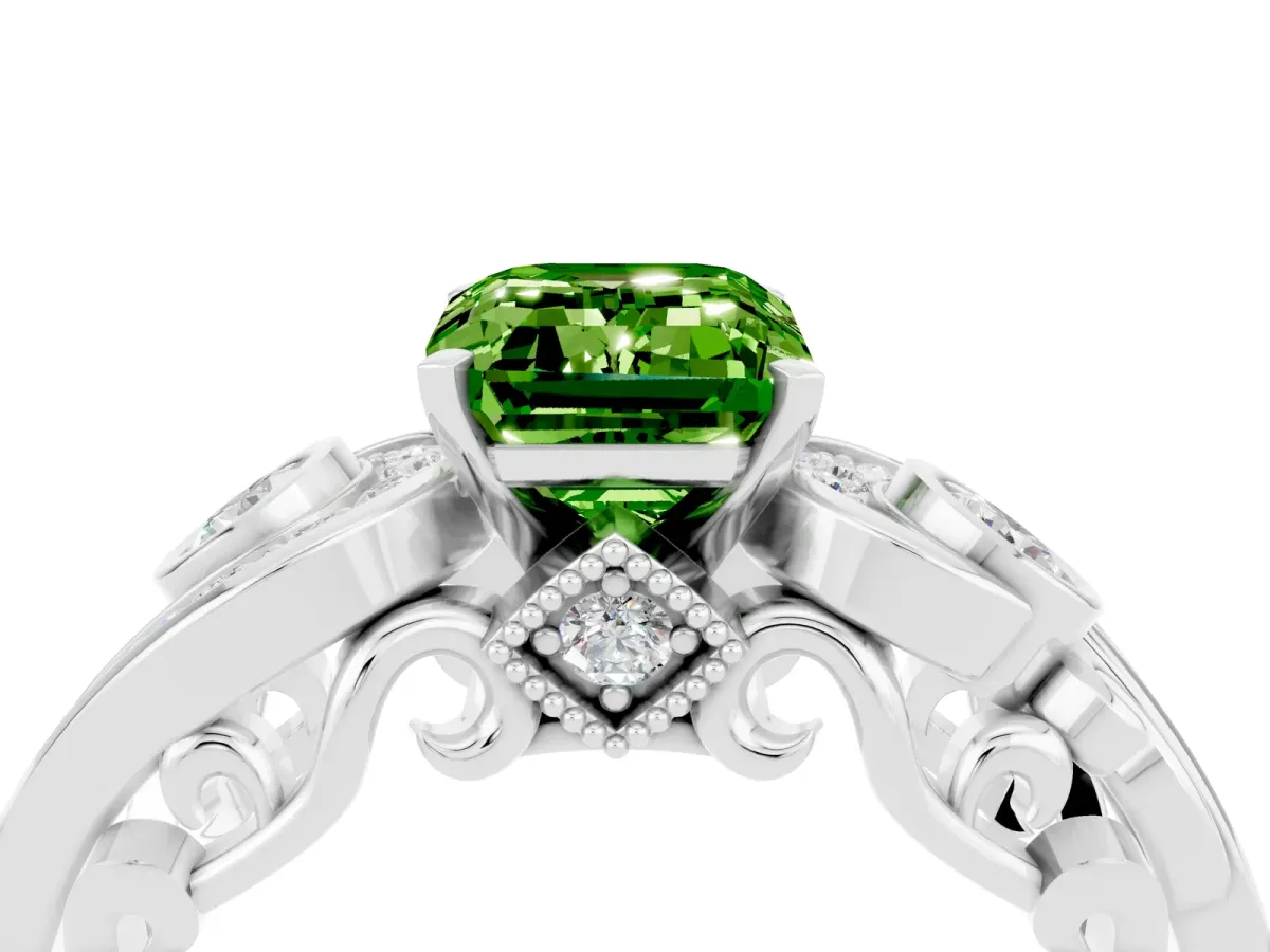 Emerald Cut Peridot Solitaire Ring with Milgrain Pavé Band and Four-Prong Setting Silver
