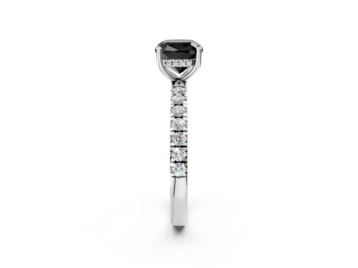 Fancy Black Cushion Cut Diamond Pave Band Solitaire Ring with Round and Prong Setting Silver
