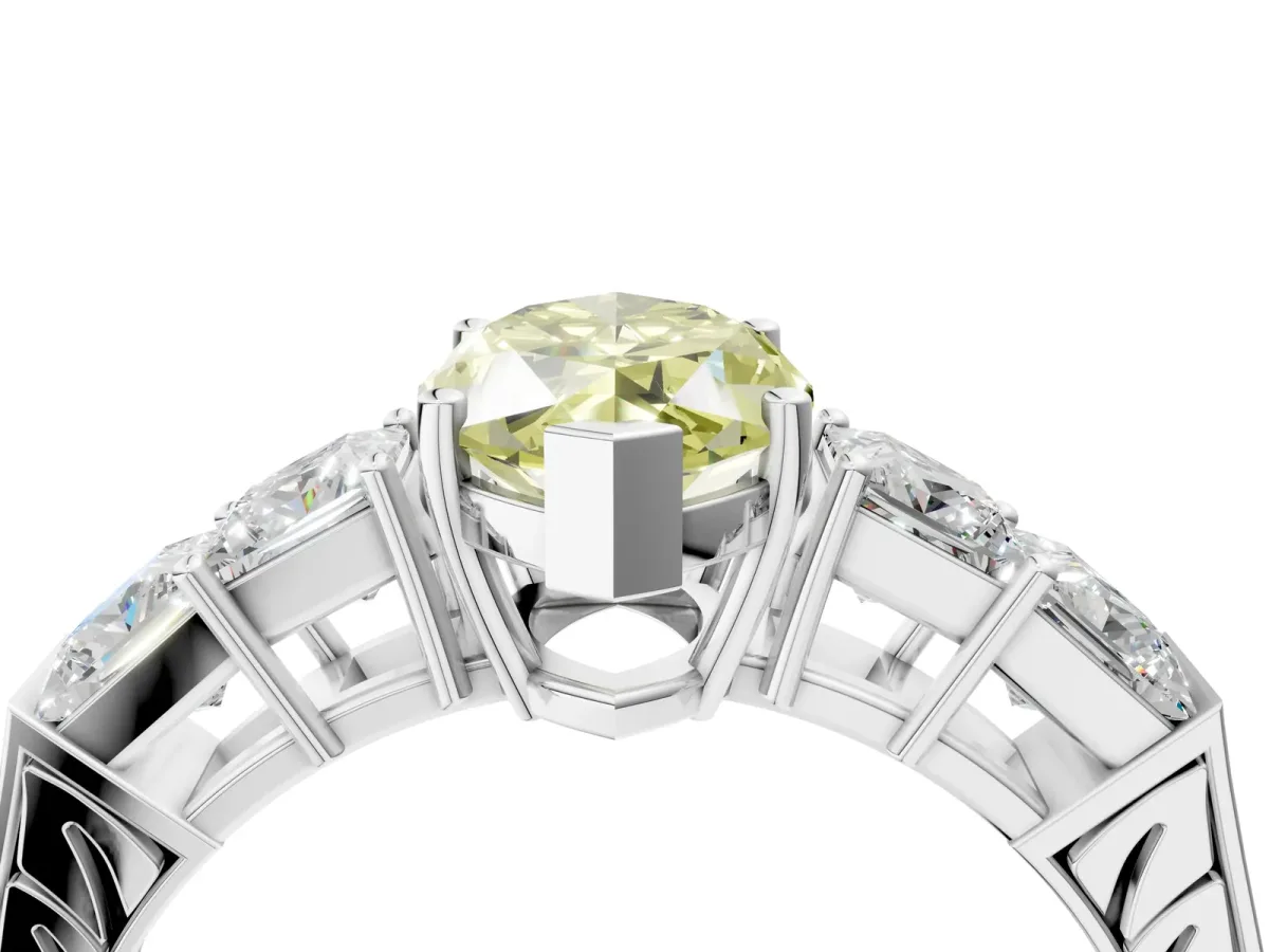 Fancy Yellow Marquise Cut Solitaire Princess Side Stone Engraved Band Prong Setting Ring Silver
