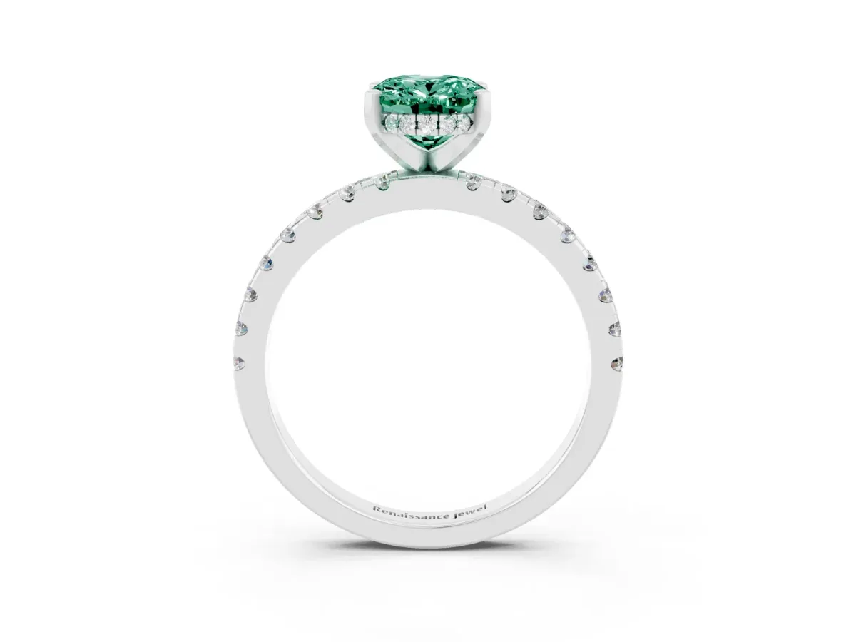 Oval Cut Green Sapphire Solitaire Ring with Round Pavé Band and Four-Prong Setting Silver