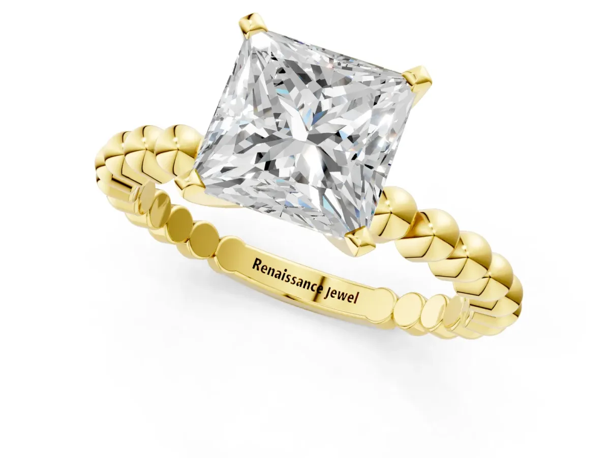 Princess Cut Diamond Solitaire Ring with Beaded Band and Prong Setting Yellow gold