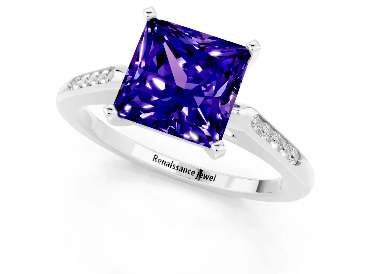 Princess Cut Tanzanite Solitaire Ring with Channel Set Round Band and Prong Setting Silver