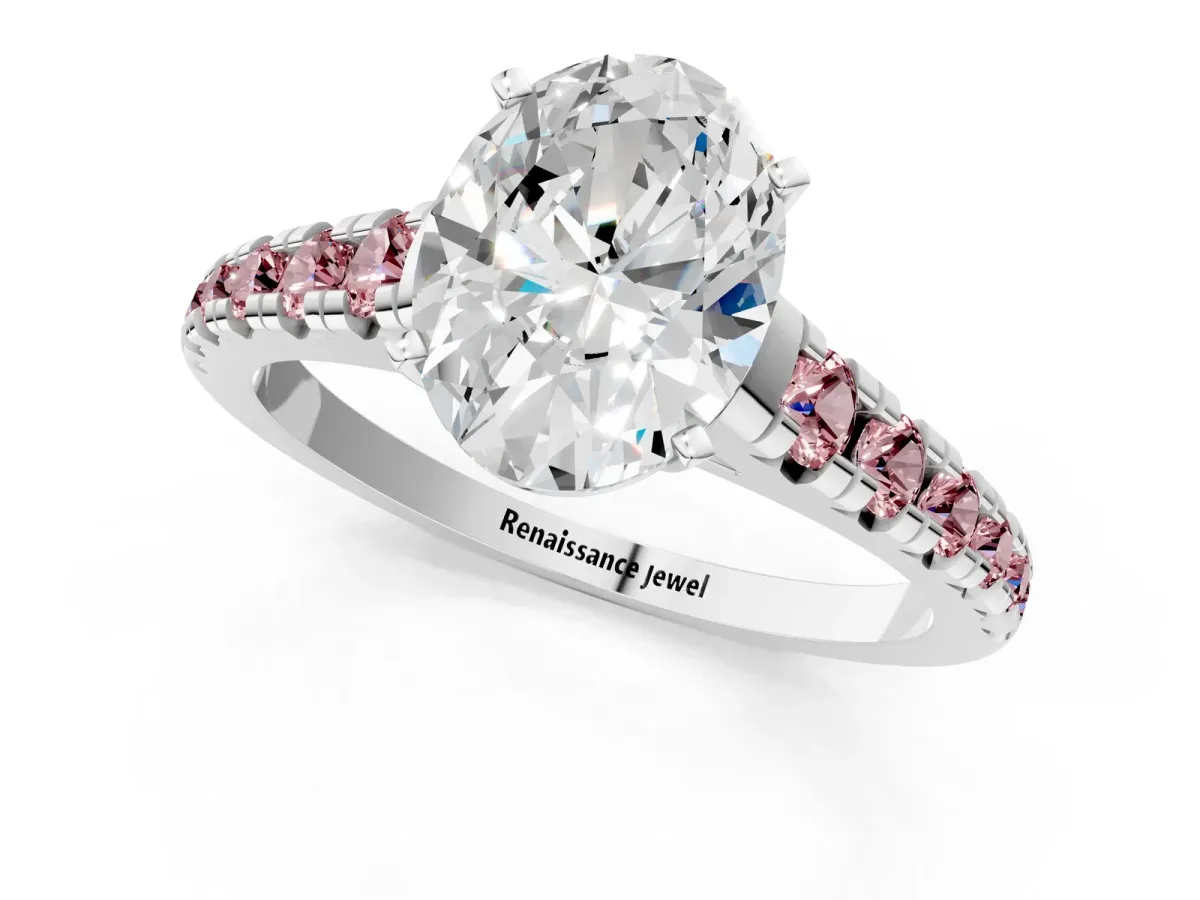 Oval Cut Diamond Cathedral Solitaire Ring with Round Morganite Pavé Band Silver