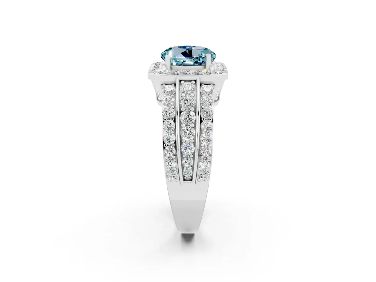 Round Cut Halo Aquamarine Ring with Round Split Shank and Prong Setting Silver