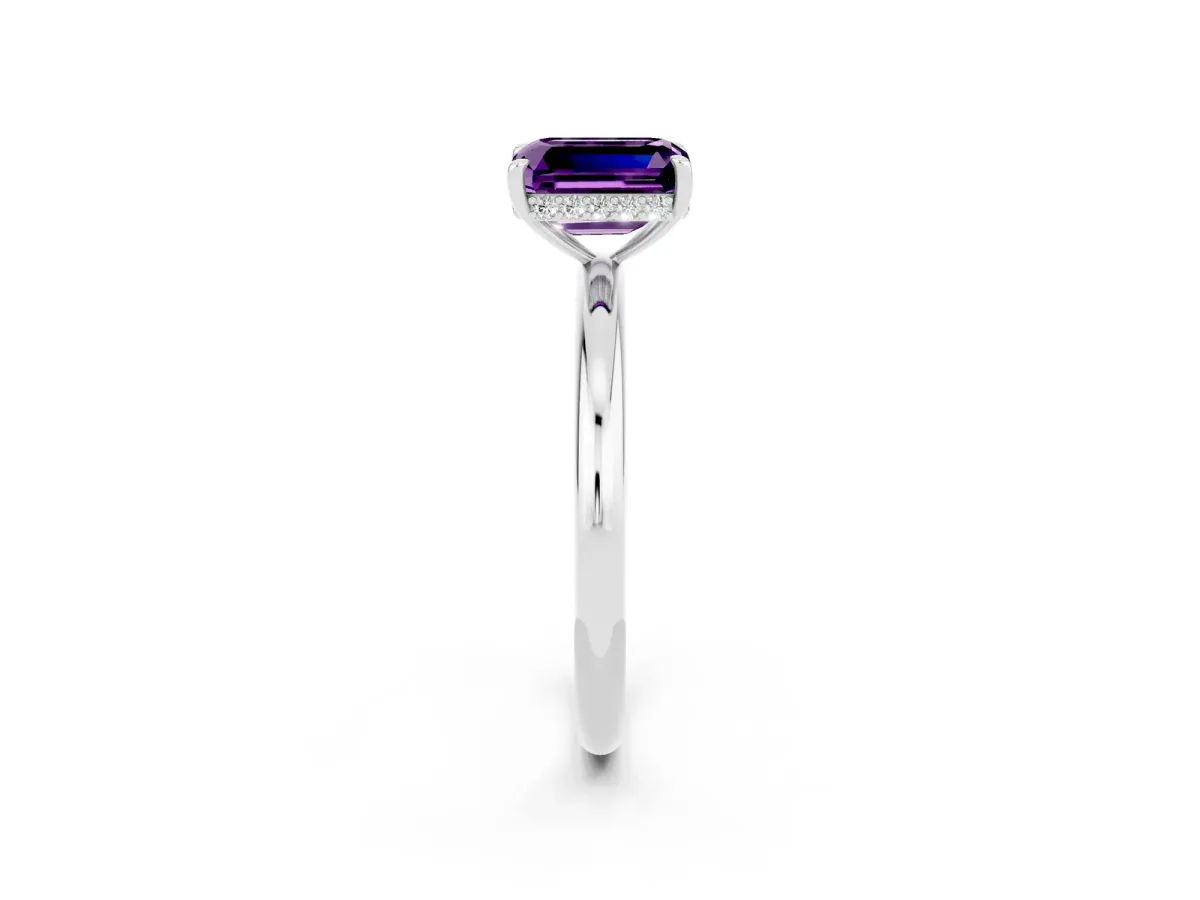 Emerald Cut Amethyst Solitaire Ring with Thin Band and Four-Prong Setting White gold