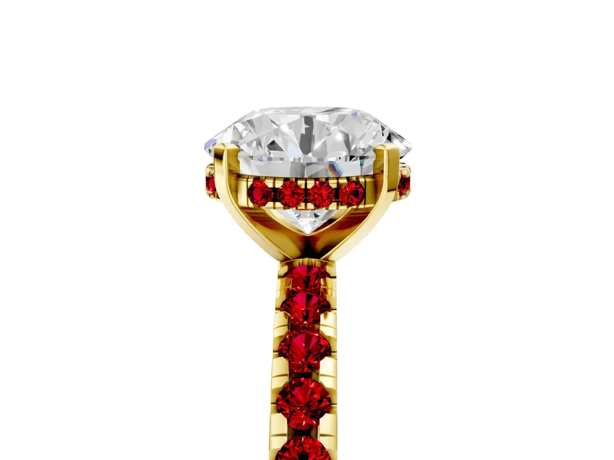 Round Cut Diamond Solitaire Ring with Round Ruby Pavé Band and Four-Prong Setting Yellow gold