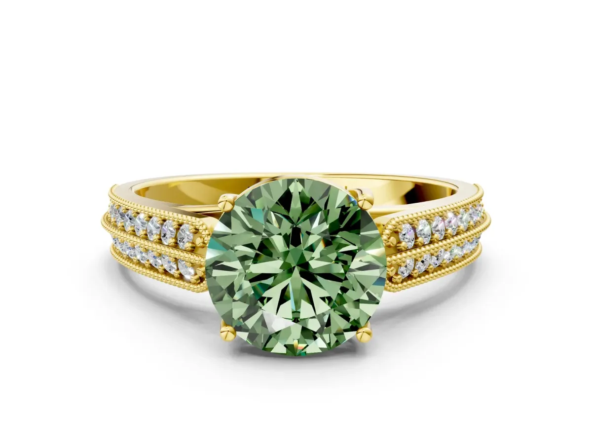 Fancy Green Round Cut Cut Pave Split Shank Engagement Ring with Four-Prong Setting Yellow gold