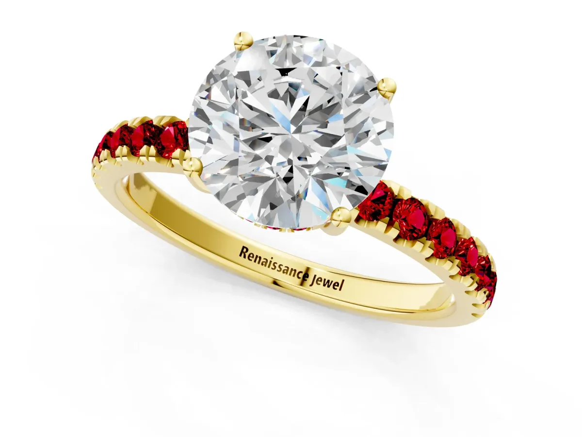 Round Cut Diamond Pave Band Solitaire Ring with Round Ruby and Prong Setting Yellow gold