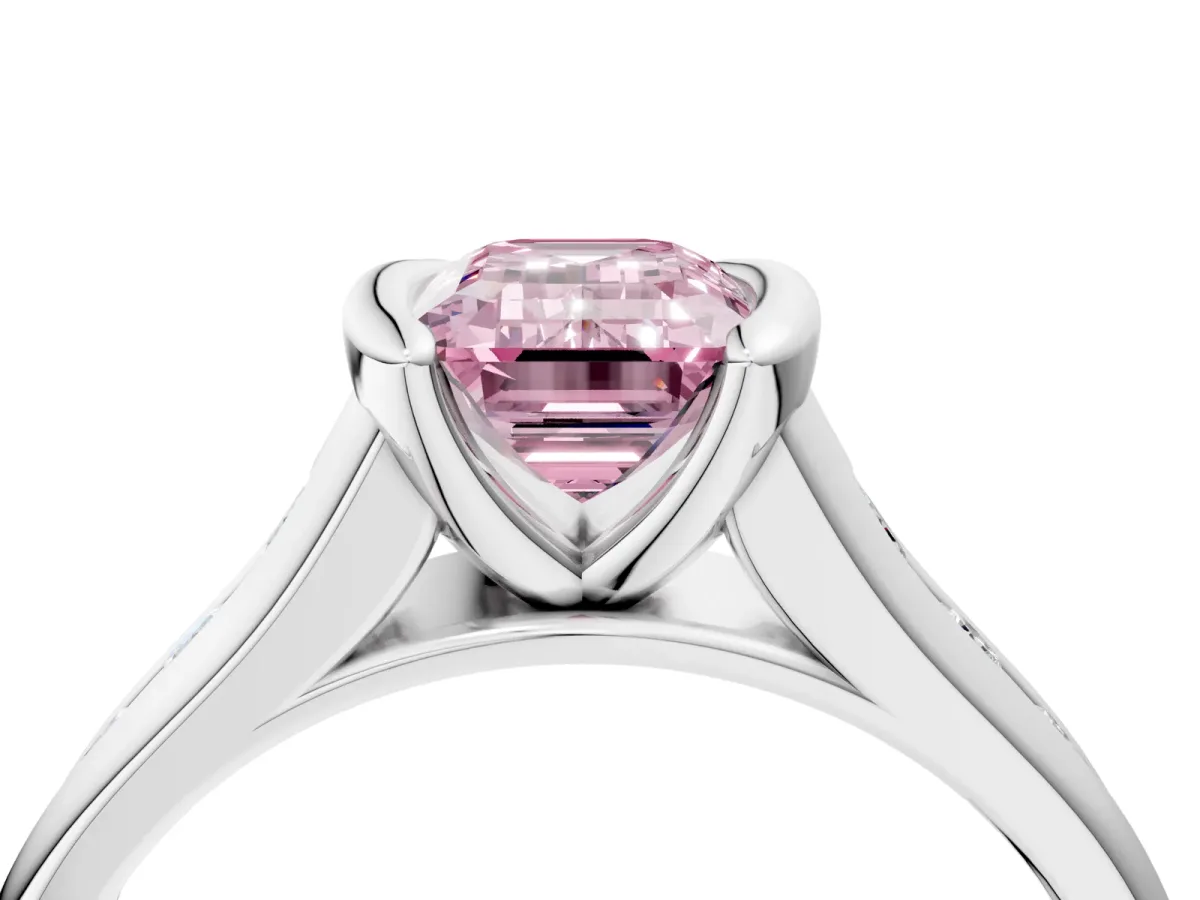 Fancy Pink Emerald Cut Solitaire Bezel-Set Diamond Ring with Channel-Set Band Platinum