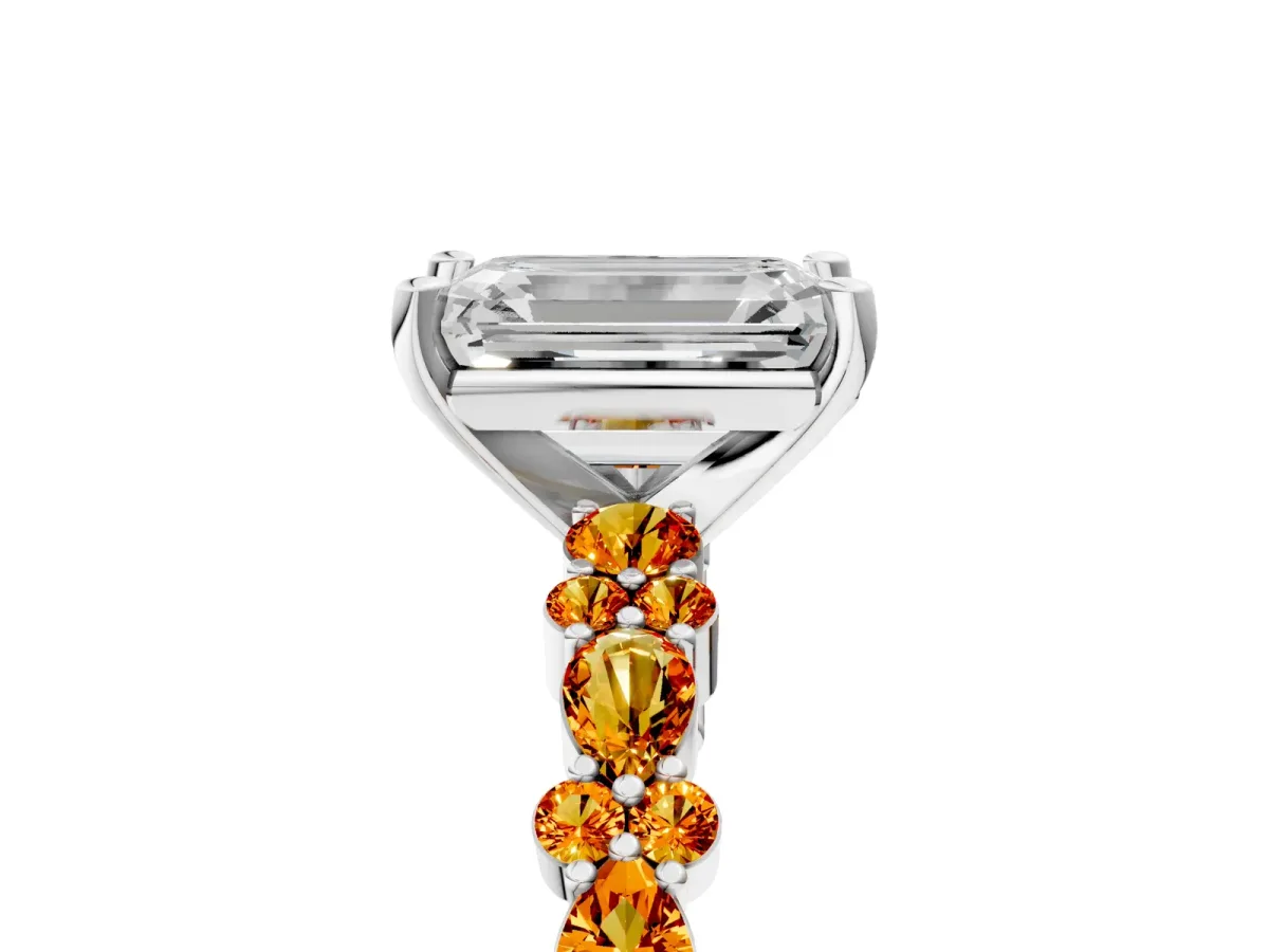 Emerald Cut Diamond Side Stone Solitaire Ring with Round Citrine and Four-Prong Setting White gold