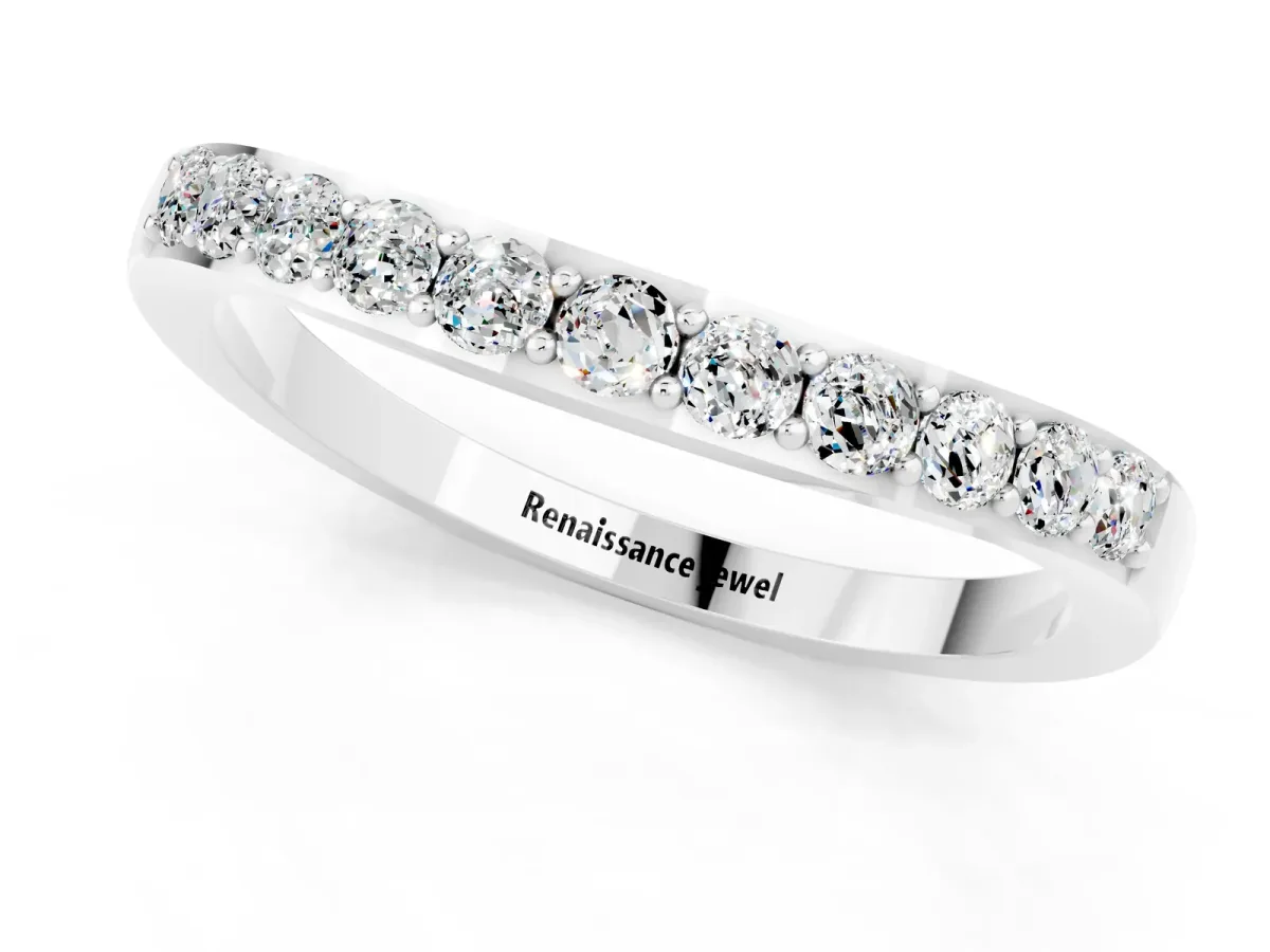 Round Moissanite Curved Wedding Band with Channel Setting Silver
