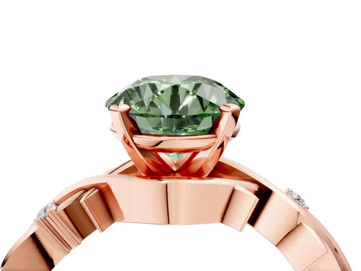 Fancy Green Round Cut Diamond Solitaire Ring with Twisted Band and Prong Setting Rose gold