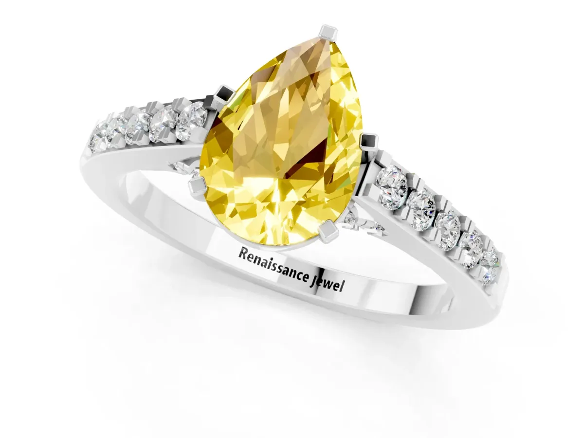 Pear Cut Yellow Sapphire Solitaire Ring with Crossover Gallery and Round Pavé Band Silver