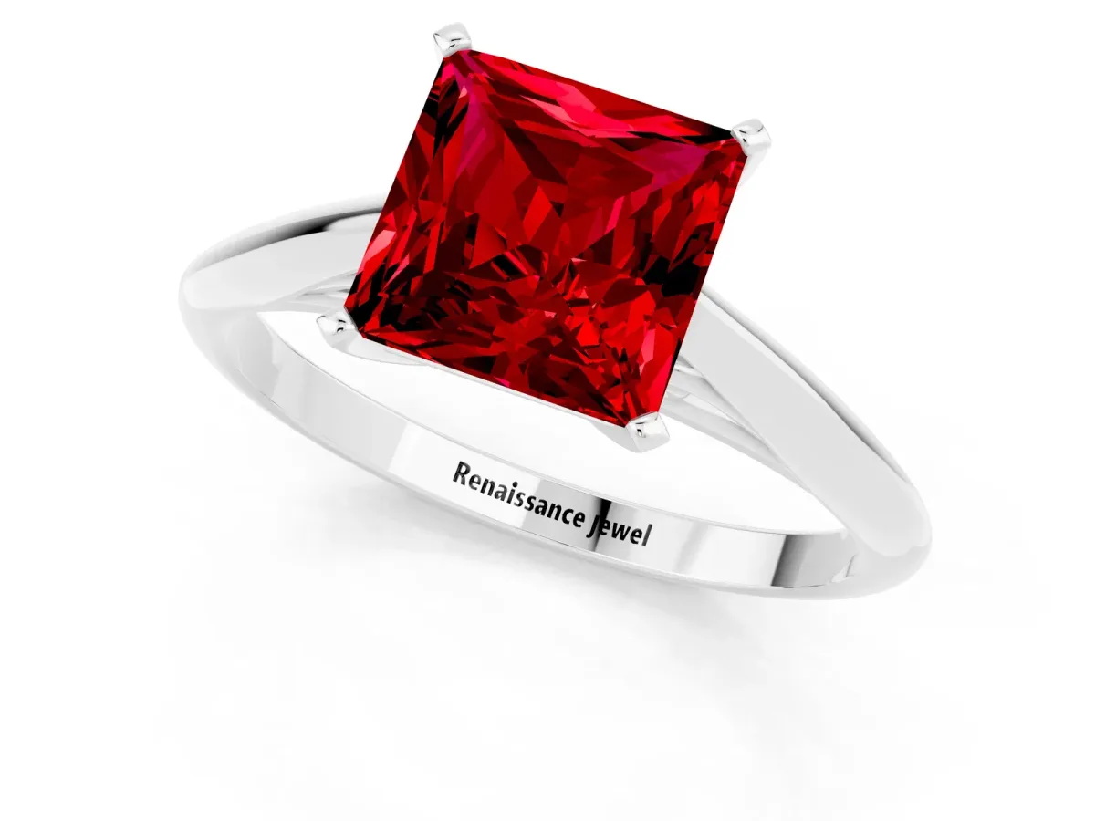 Princess Cut Ruby Solitaire Engagement Ring with Cathedral Setting and Four-Prong Mount White gold