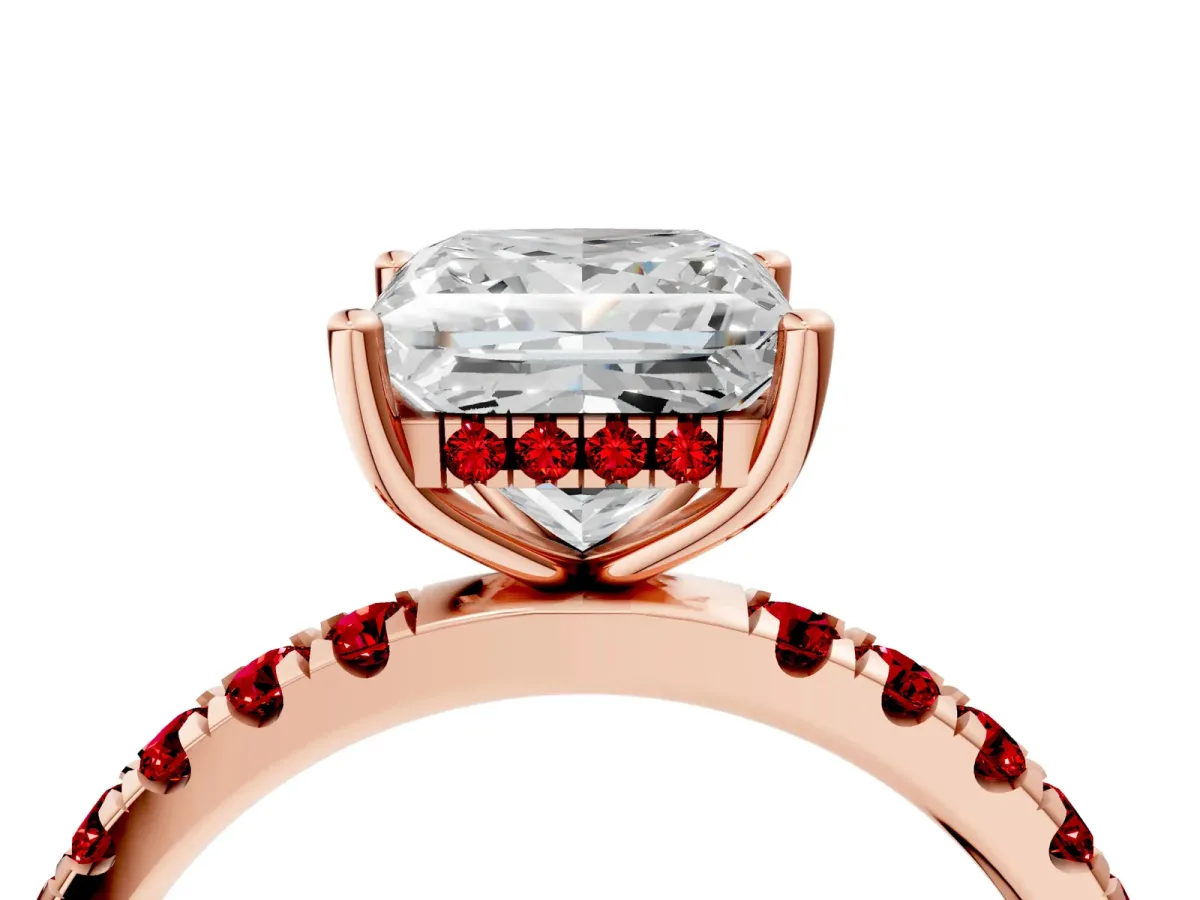 Princess Cut Diamond Pave Band Solitaire Ring with Round Ruby and Prong Setting Rose gold