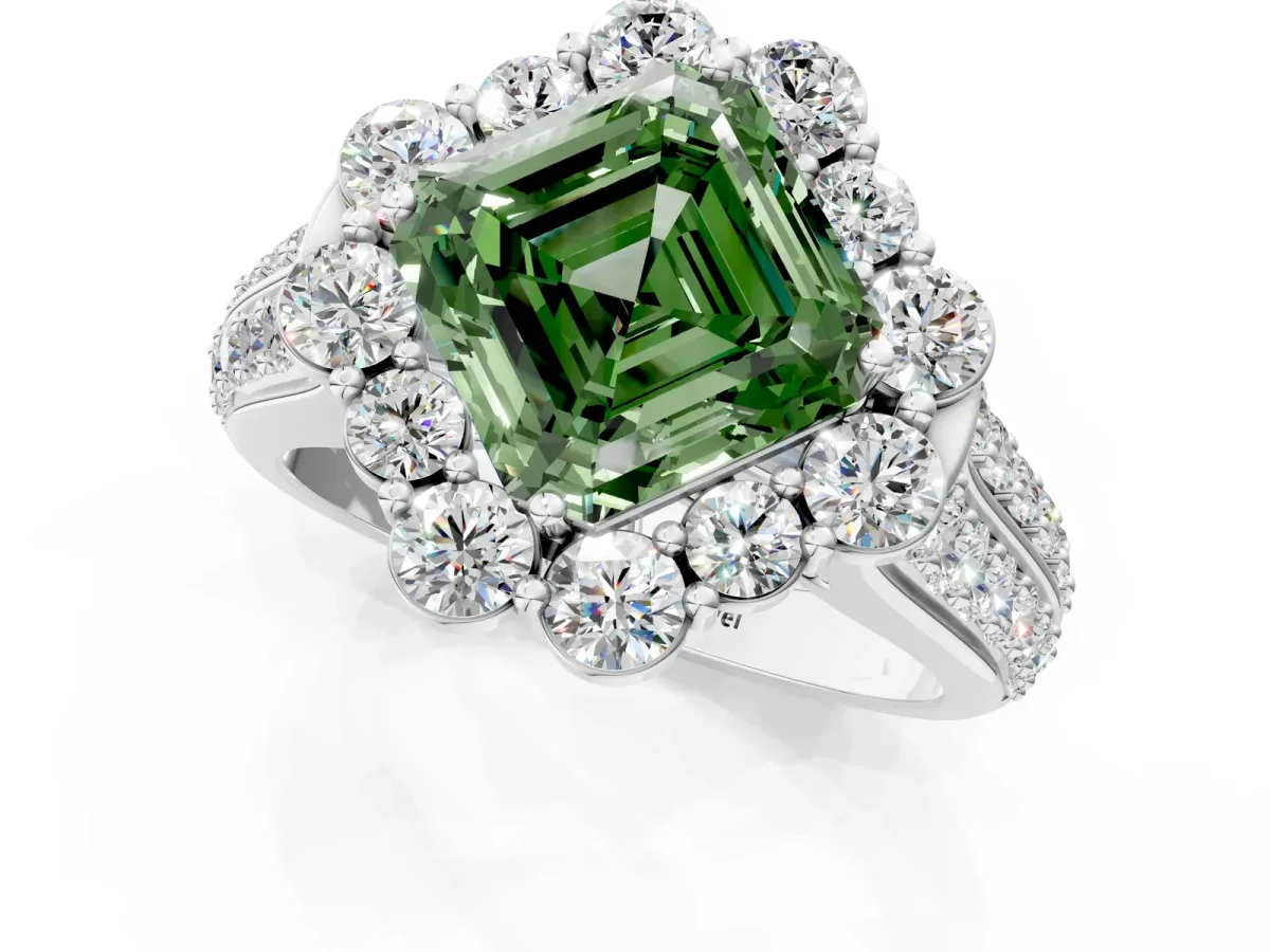 Fancy Green Asscher Cut Halo Diamond Engagement Ring with Split Shank and Prong Setting Platinum