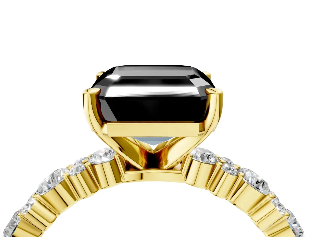 Fancy Black Asscher Cut Diamond Side Stone Solitaire Ring with Round and Four-Prong Setting Yellow gold