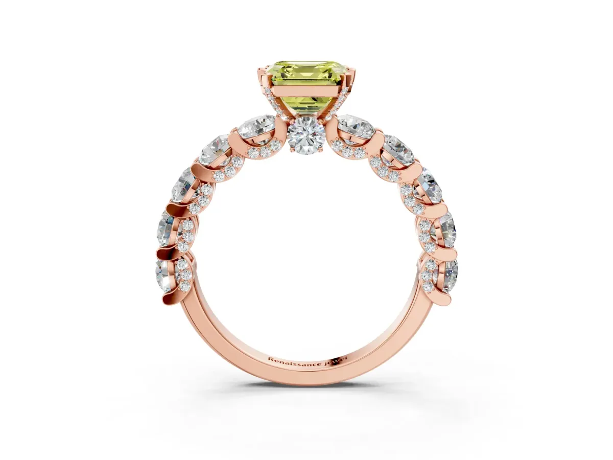 Fancy Yellow Asscher Cut Diamond Side Stone Engagement Ring with Four-Prong Setting Rose gold