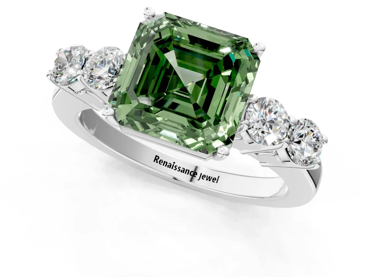 Fancy Green Asscher Cut Cut Diamond Five-Stone Prong Set White Gold Ring Platinum