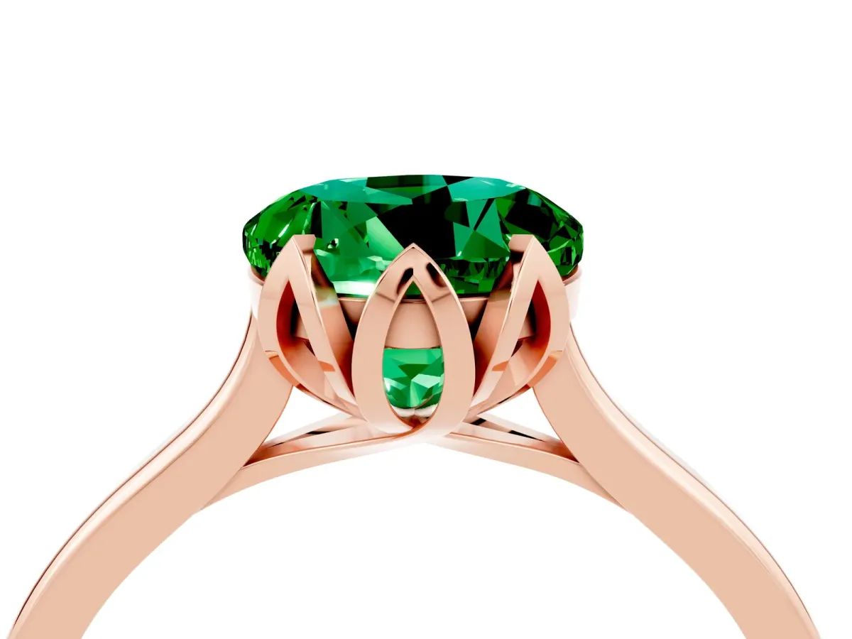 Round Cut Emerald Solitaire Ring with Flower Prong Setting and Classic Band Rose gold