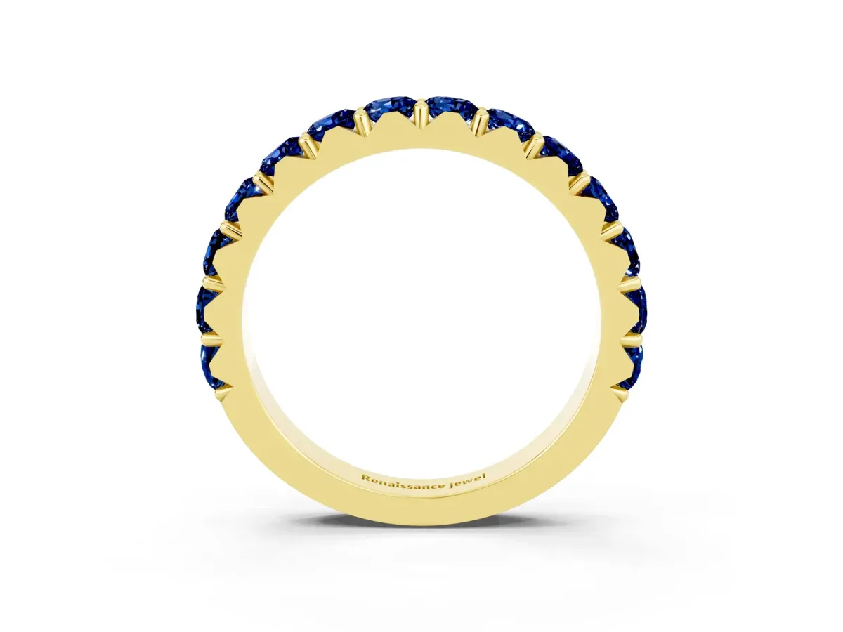 Round Blue Sapphire Half Eternity Band with Classic Prong Setting Yellow gold