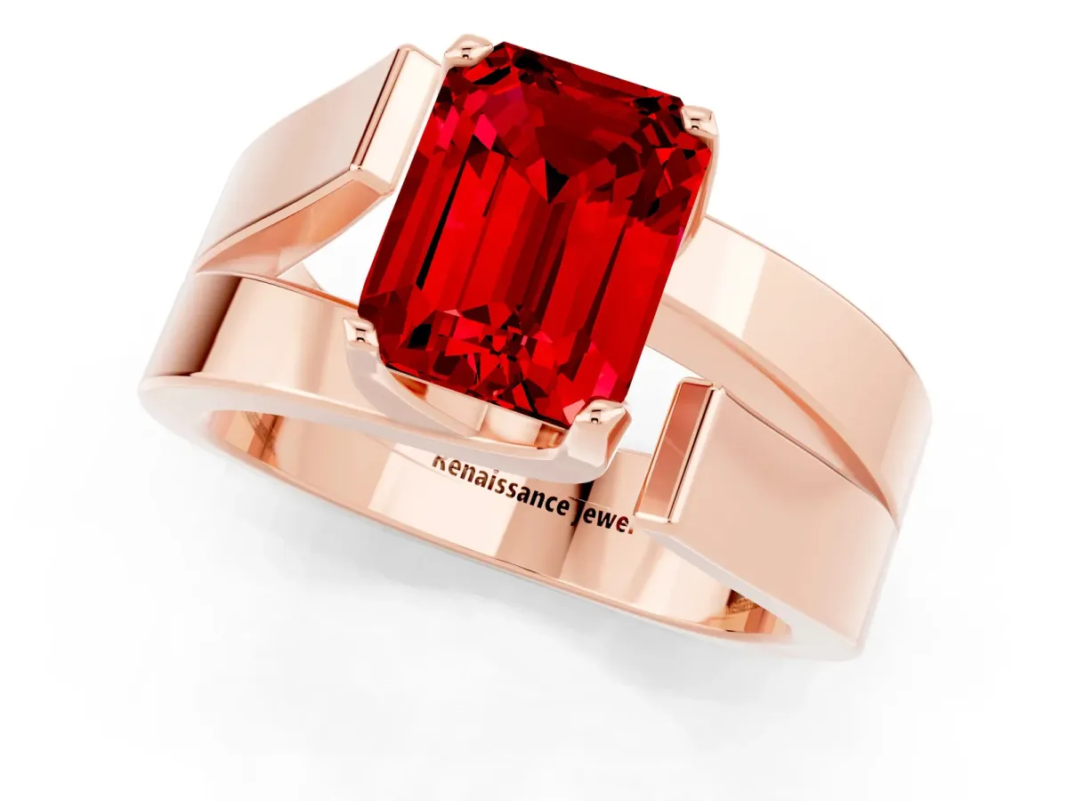Modern Tension Set Emerald Cut Ruby Solitaire Wide Band Ring Rose gold