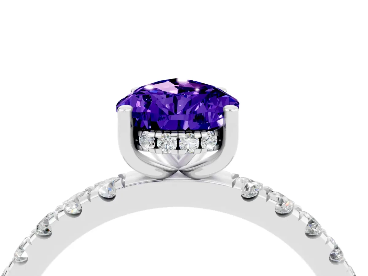 Pear Cut Tanzanite Pave Band Solitaire Ring with Round and Prong Setting Platinum