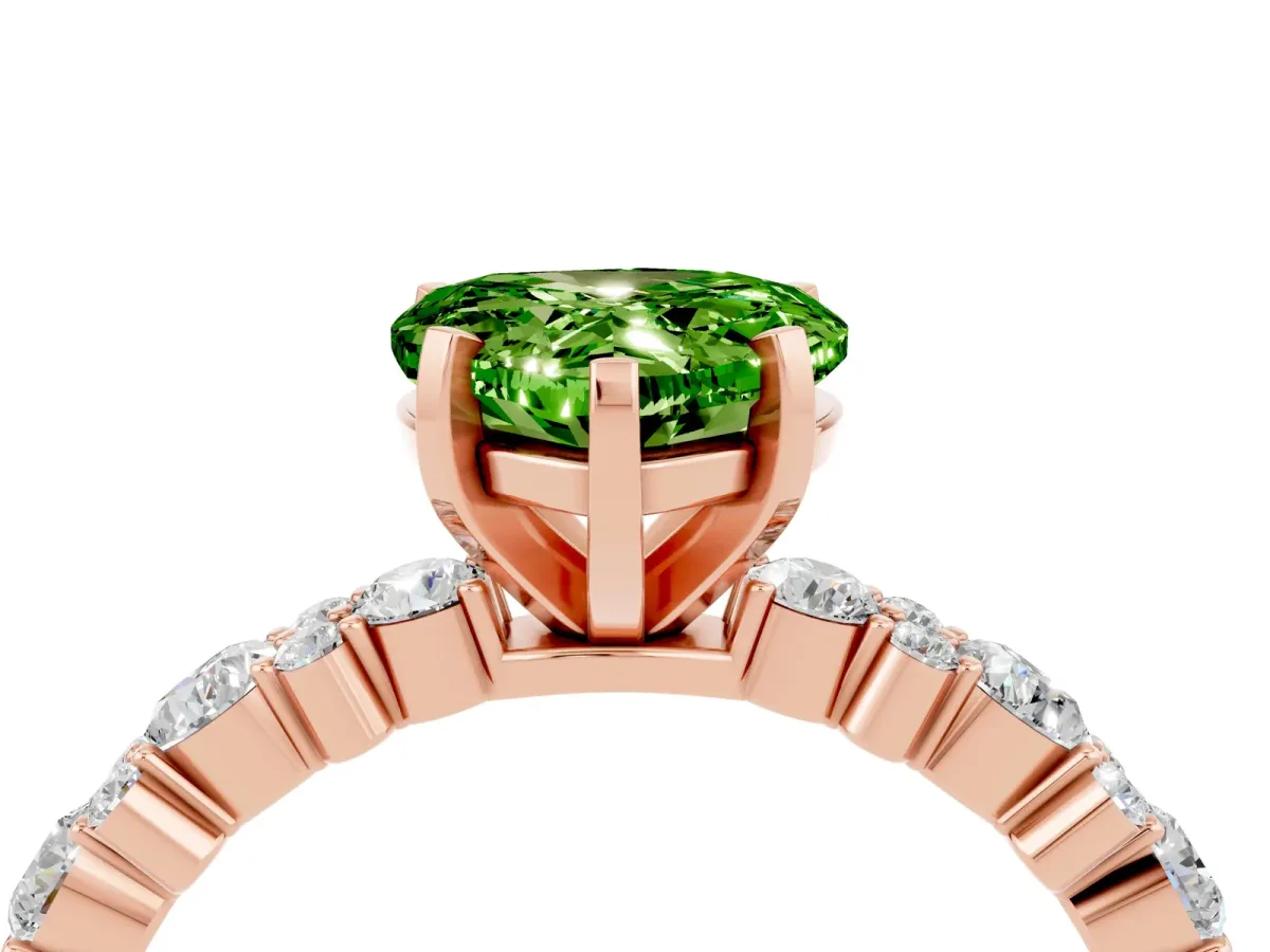 Heart Cut Peridot Side Stone Solitaire Ring with Round and Four-Prong Setting Rose gold