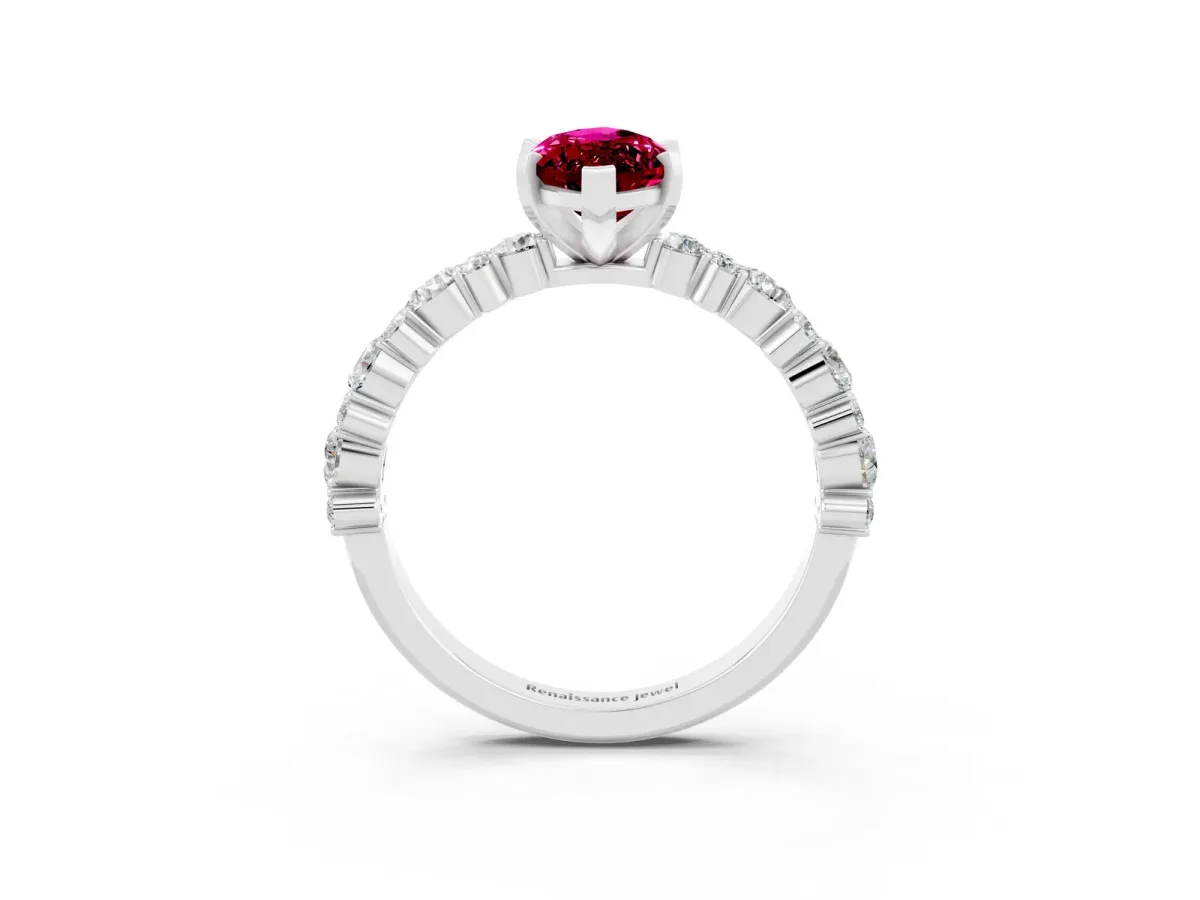 Marquise Cut Garnet Side Stone Solitaire Ring with Round and Four-Prong Setting Silver
