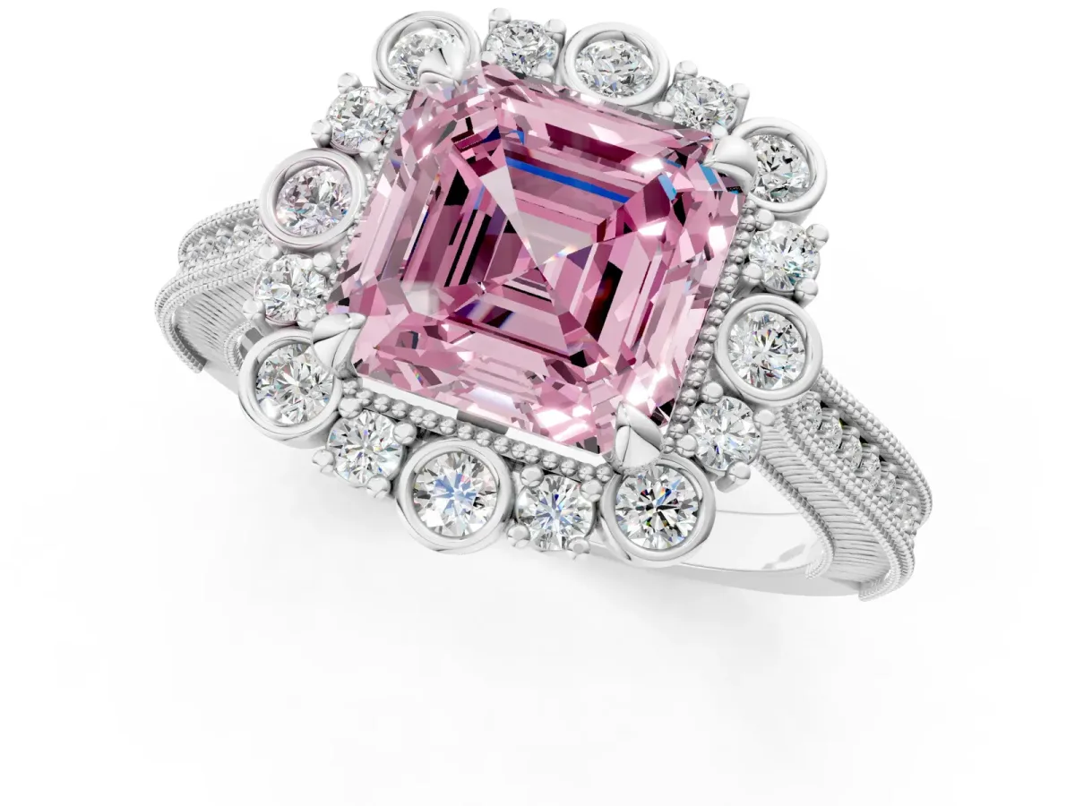 Fancy Pink Asscher Cut Halo Milgrain Pave Diamond Ring with Four-Prong Setting Platinum