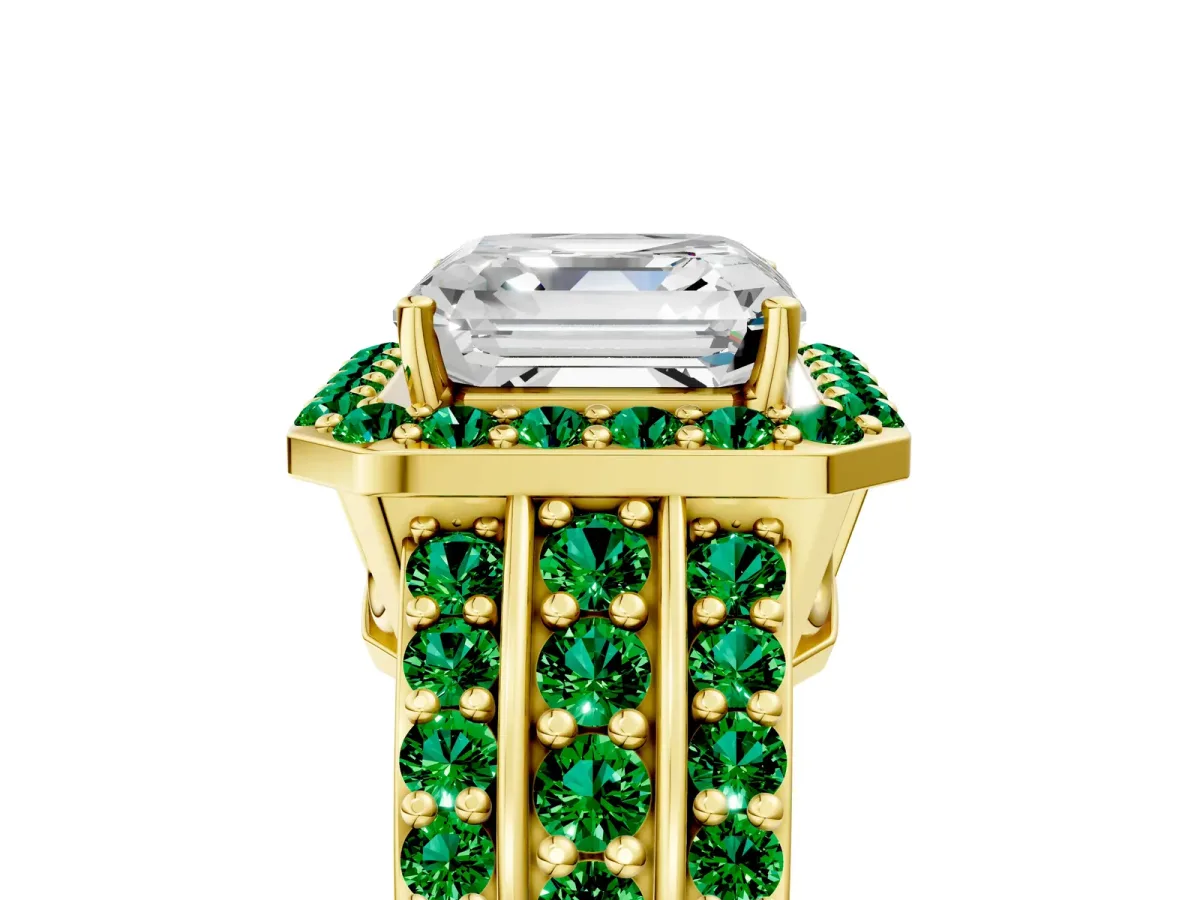 Asscher Cut Halo Diamond Ring with Round Emerald Split Shank and Prong Setting Yellow gold