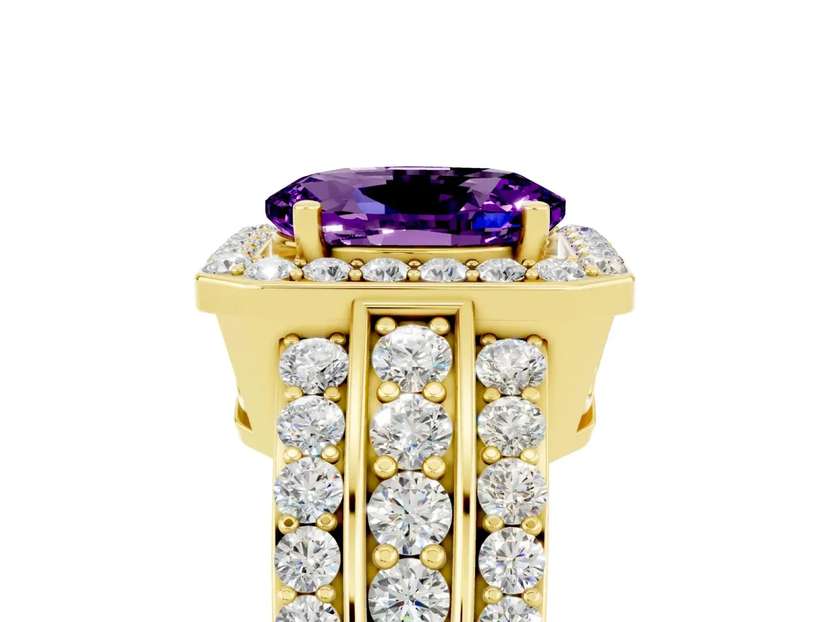 Oval Cut Halo Amethyst Ring with Round Split Shank and Prong Setting Yellow gold