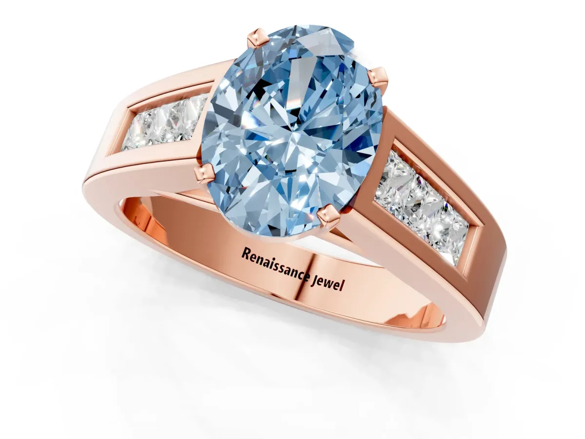 Fancy Blue Oval Cut Cut Channel Set Solitaire Ring with Four-Prong Setting Rose gold