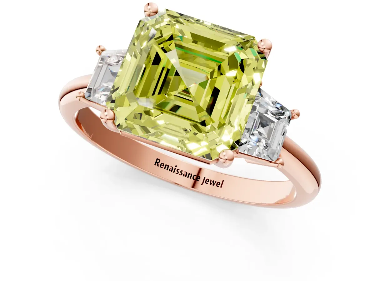 Fancy Yellow Asscher Cut Diamond Three-Stone Ring with Trapezoid Side Stones and Prong Setting Rose gold