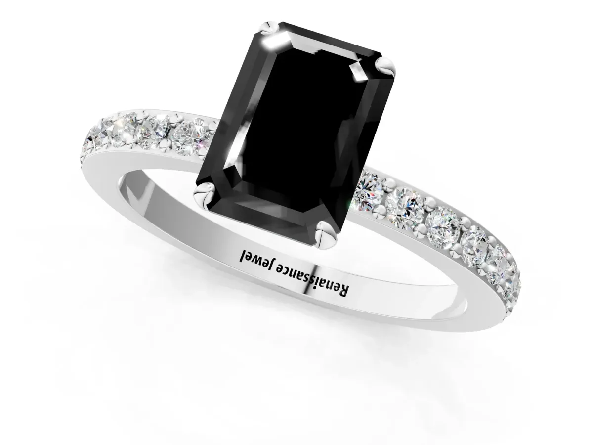 Fancy Black Emerald Cut Diamond Solitaire Engagement Ring with Pavé Band and Four-Prong Setting Silver