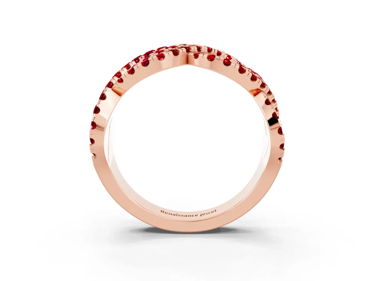 Pavé Round Ruby Infinity Twist Band with Shared Prong Setting Rose gold