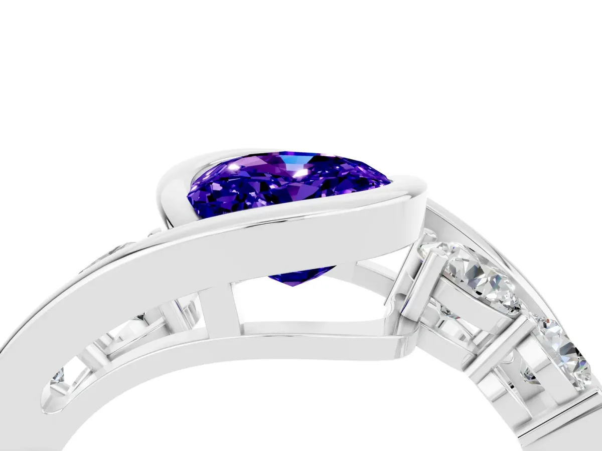 Bezel Set Oval Cut Tanzanite Bypass Ring with Round Accents Silver
