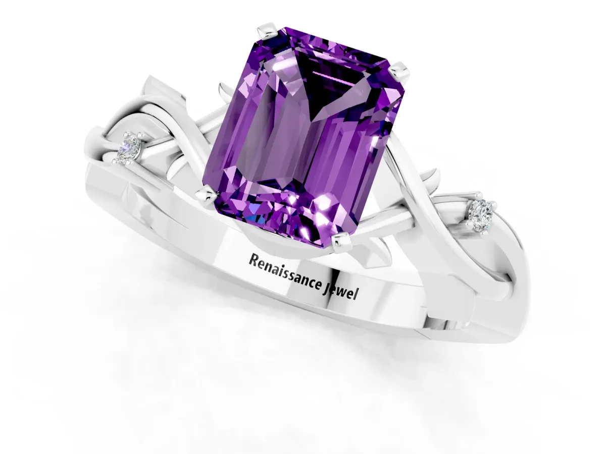 Emerald Cut Amethyst Solitaire Ring with Twisted Band and Prong Setting White gold