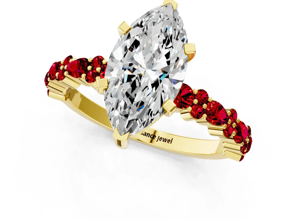 Marquise Cut Diamond Side Stone Solitaire Ring with Round Ruby and Four-Prong Setting Yellow gold