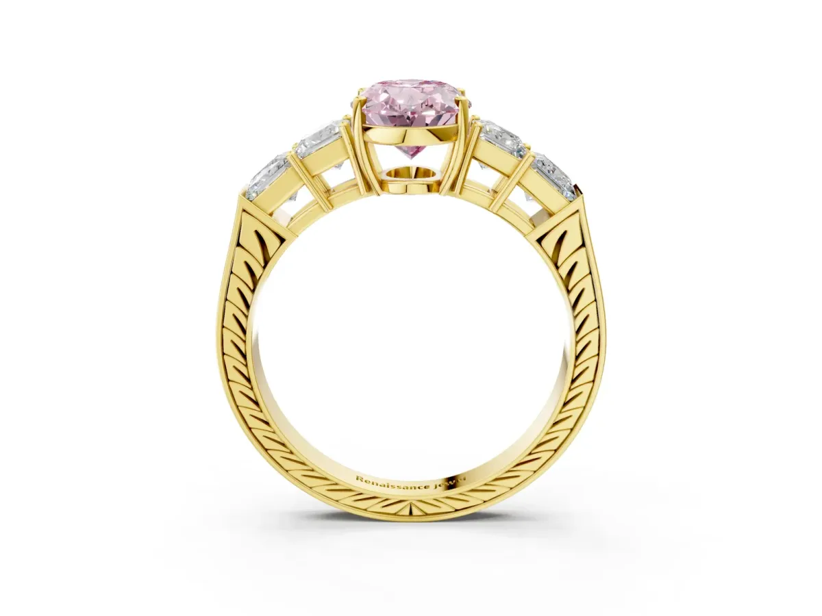 Fancy Pink Oval Cut Solitaire Princess Side Stone Engraved Band Prong Setting Ring Yellow gold