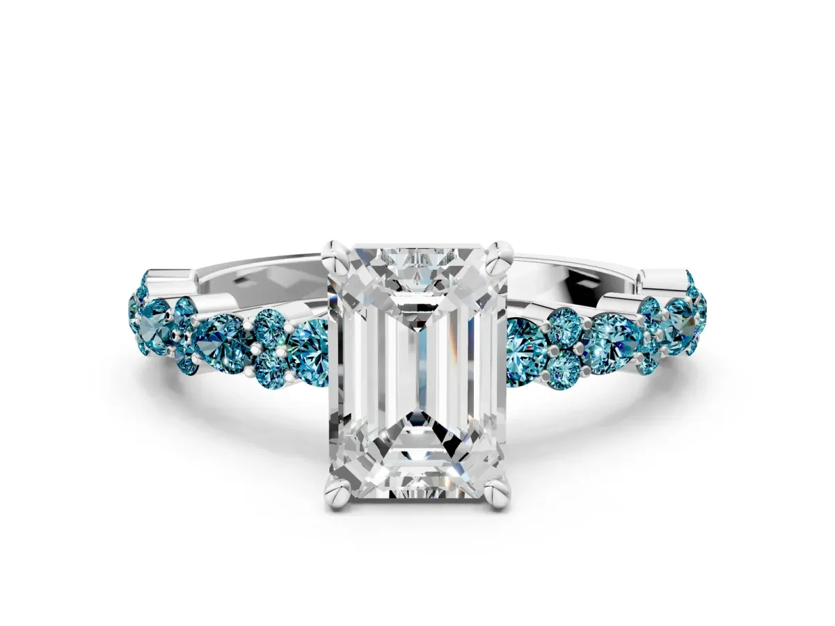 Emerald Cut Diamond Side Stone Solitaire Ring with Round Blue Topaz and Four-Prong Setting Platinum