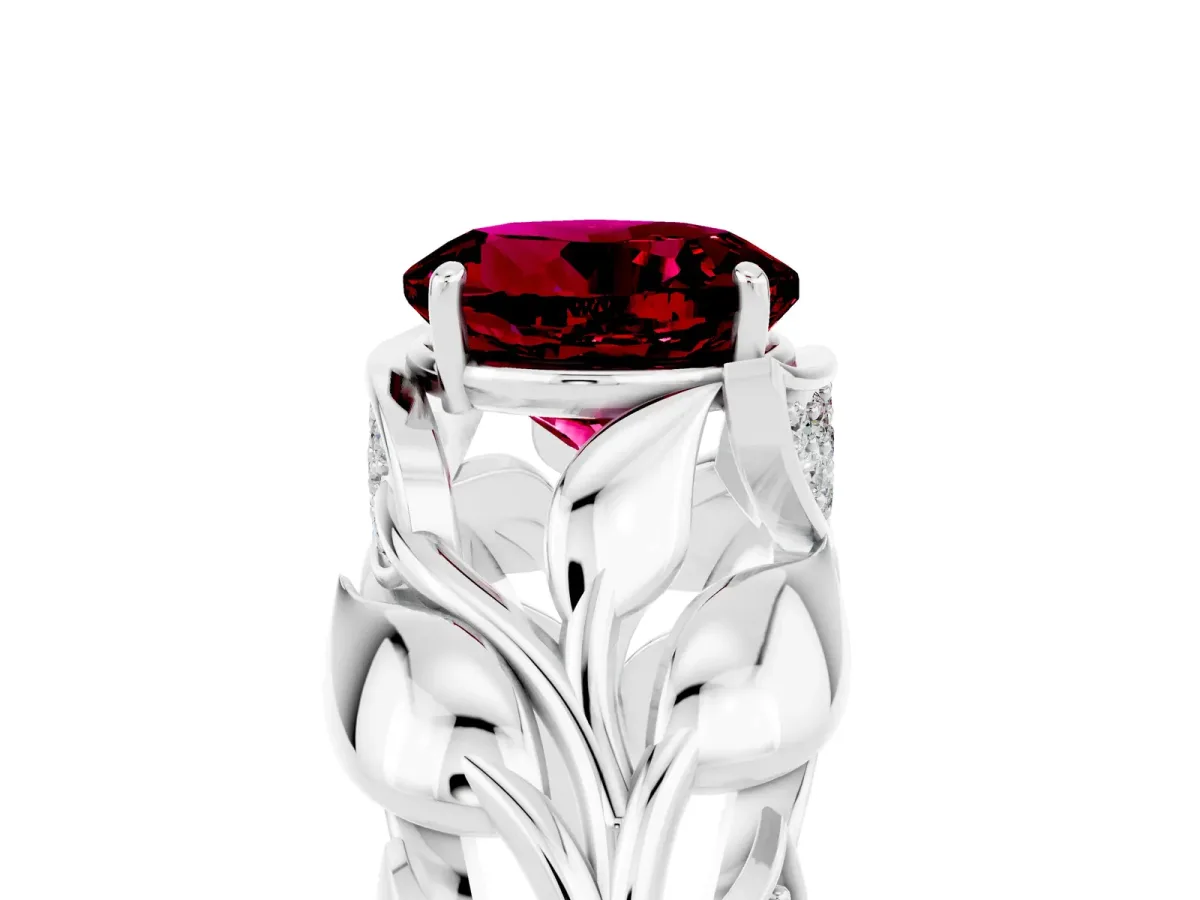 Round Cut Garnet Leaf-Inspired Engagement Ring with Round Accents and Prong Setting Silver