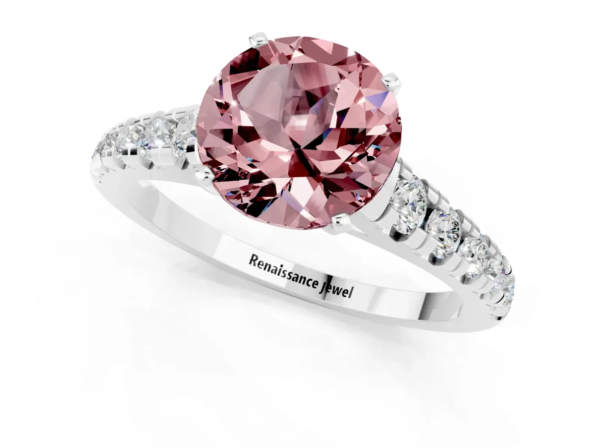 Round Cut Morganite Cathedral Solitaire Ring with Round Pavé Band Platinum