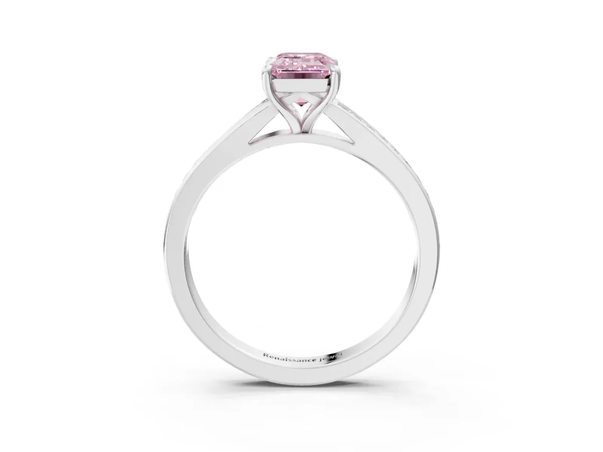 Fancy Pink Emerald Cut Diamond Solitaire Ring with Pavé Band and Prong Setting Silver