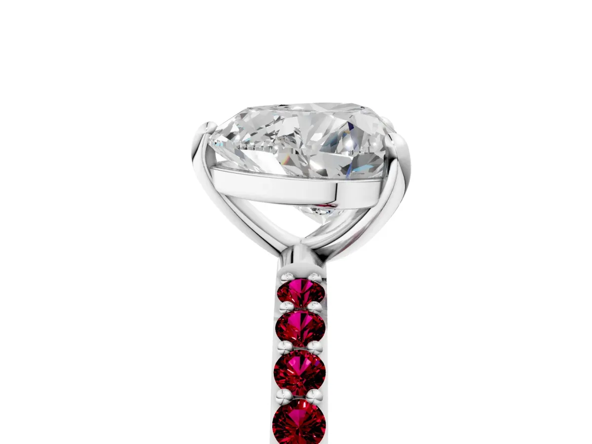 Heart Cut Diamond Solitaire Ring with Round Garnet Pavé Band and Prong Setting Silver