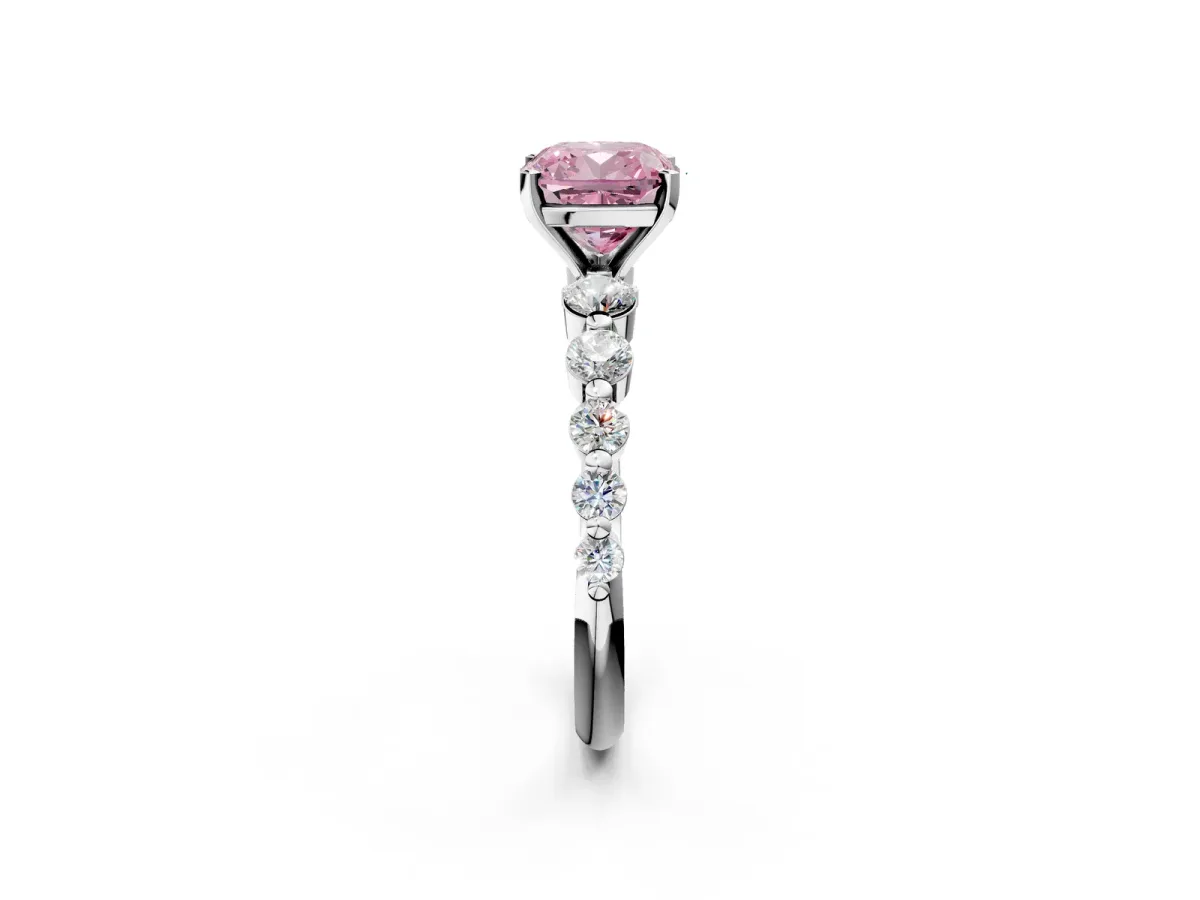 Fancy Pink Cushion Cut Solitaire Diamond Ring with Pave Band and Four-Prong Setting Silver