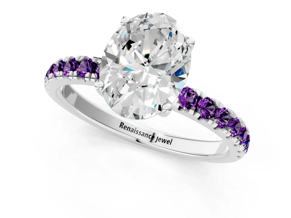 Oval Cut Diamond Pave Band Solitaire Ring with Round Amethyst and Prong Setting Platinum