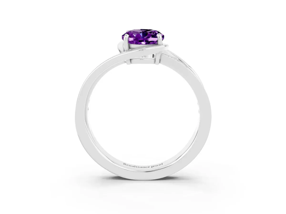 Oval Cut Amethyst Solitaire Ring with Split Shank and Prong Setting White gold