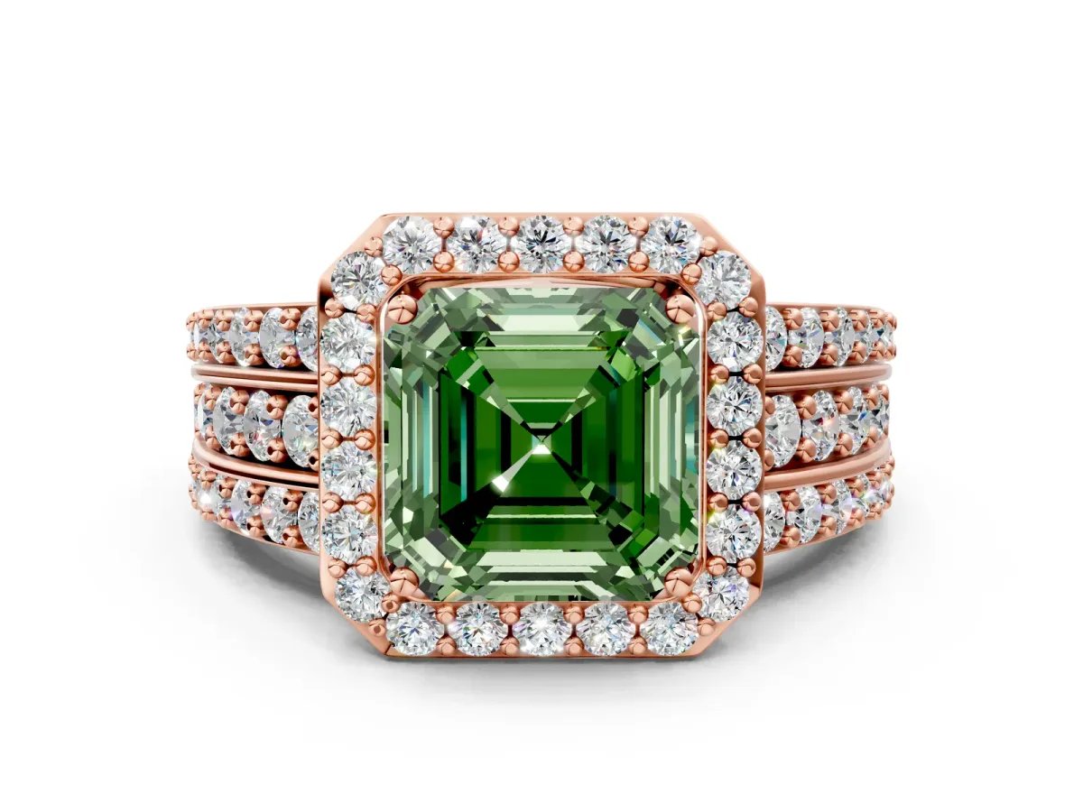 Fancy Green Asscher Cut Halo Diamond Ring with Round Split Shank and Prong Setting Rose gold